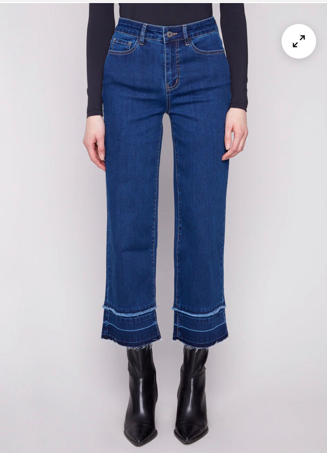 Charlie B  Cropped Flare Leg Jean Indigo w/ fringed hem
