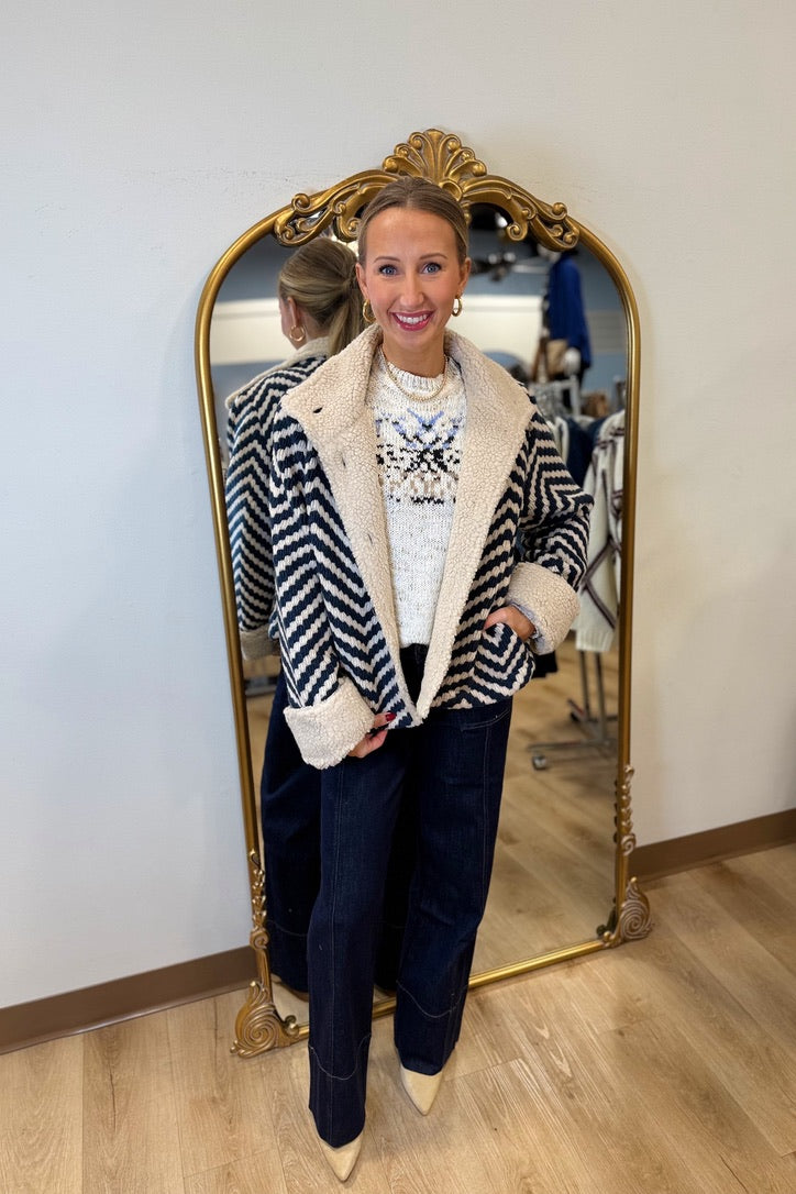 Charlie B Chevron Bouclé Short Jacket With Sherpa Trim - Navy