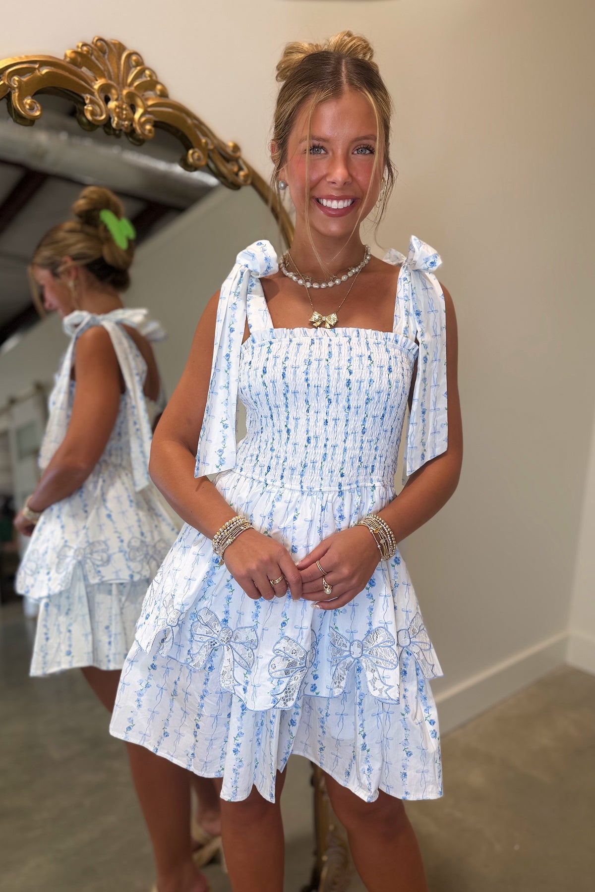 Bows Everywhere Shoulder Tie Dress Blue