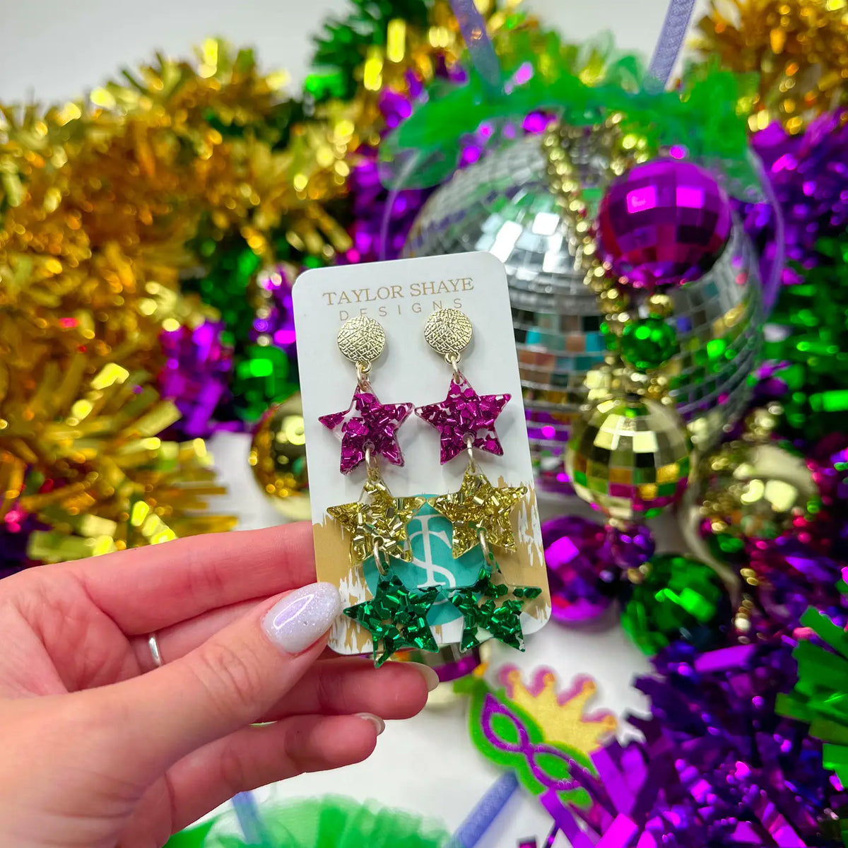 Taylor Shaye Mardi Gras Triple Star Earrings