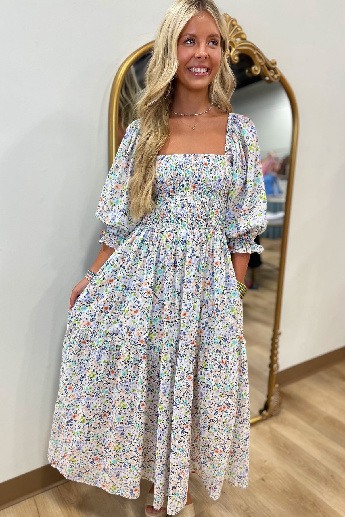 Karlie Floral Smock Maxi Dress White