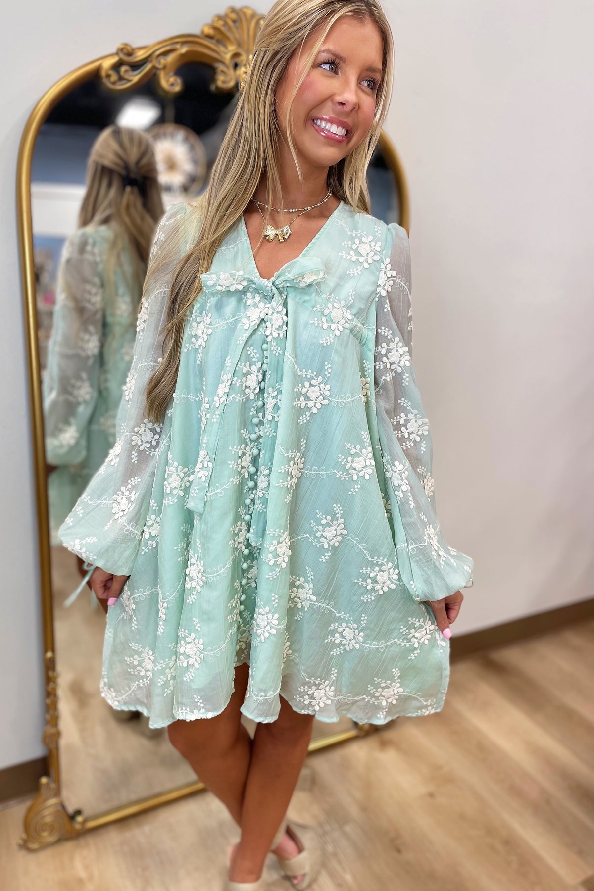 Evergreen Elegance Embroidered Dress Sage