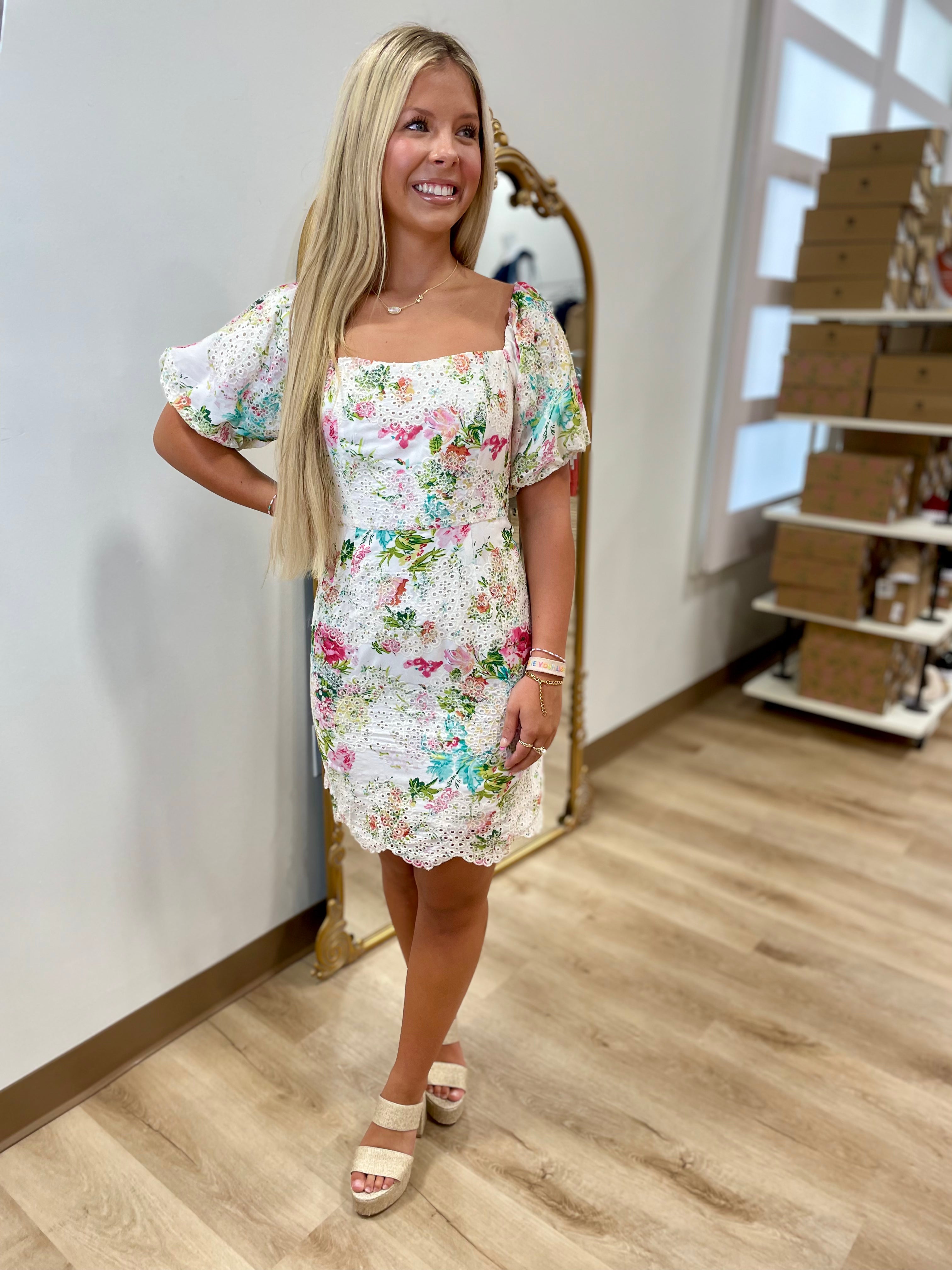 Eyelet Flowers Puff Sleeve Dress Multi