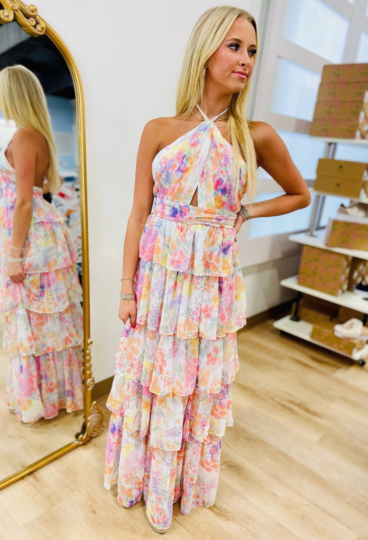 Bali Vacay Floral Tiered Halter Dress Multi