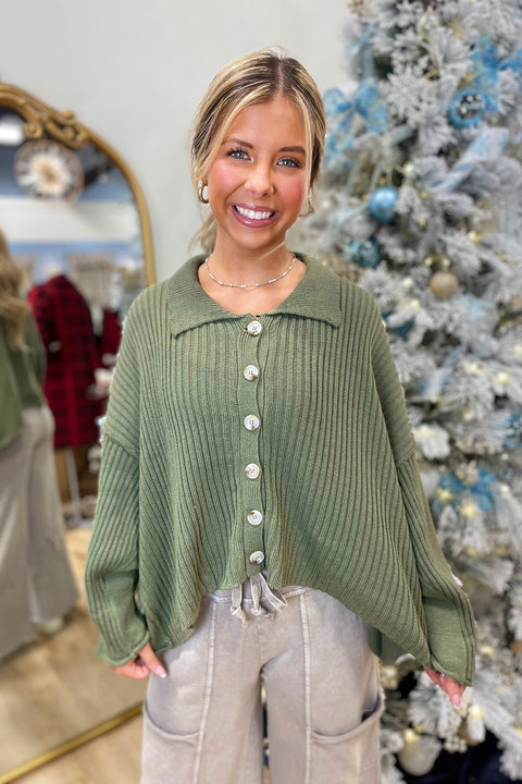 Winter Wear Ribbed Button Up Sweater Olive