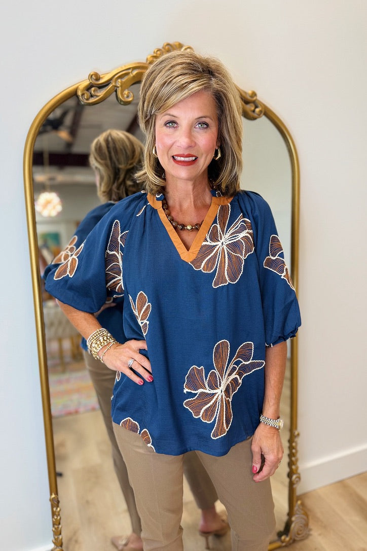 Umgee Embroidered Contrast Top Navy