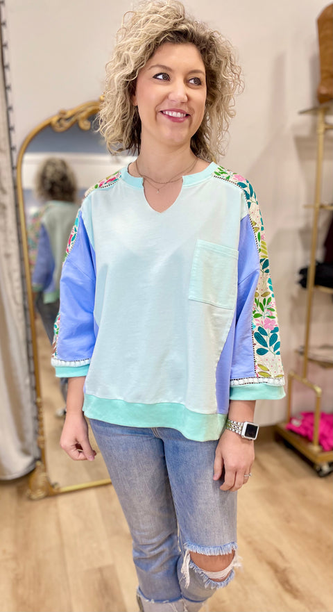 Spring Haze Color Block LS Tee Blue
