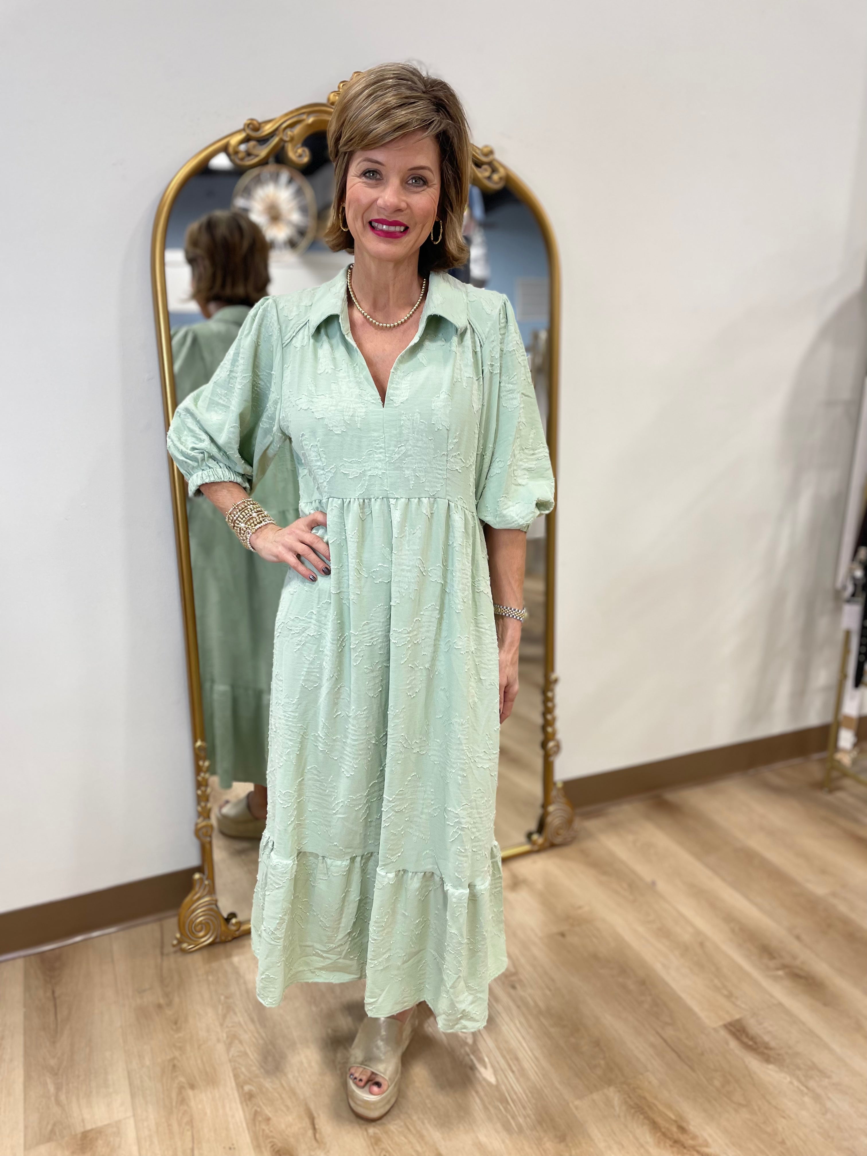 Umgee Floral Burnout Midi Dress Sage
