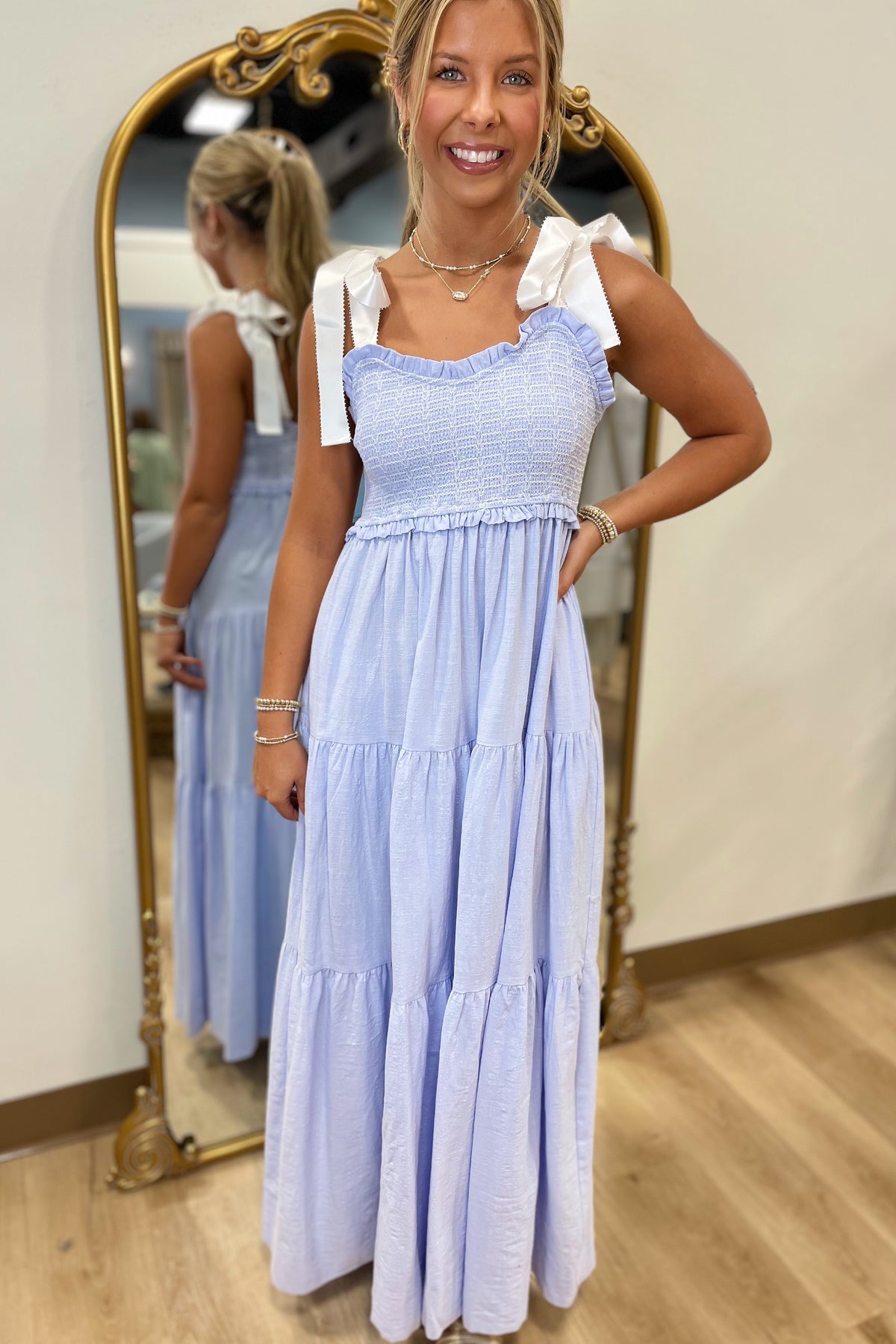 Soft Elegance Shoulder Tie Dress Blue