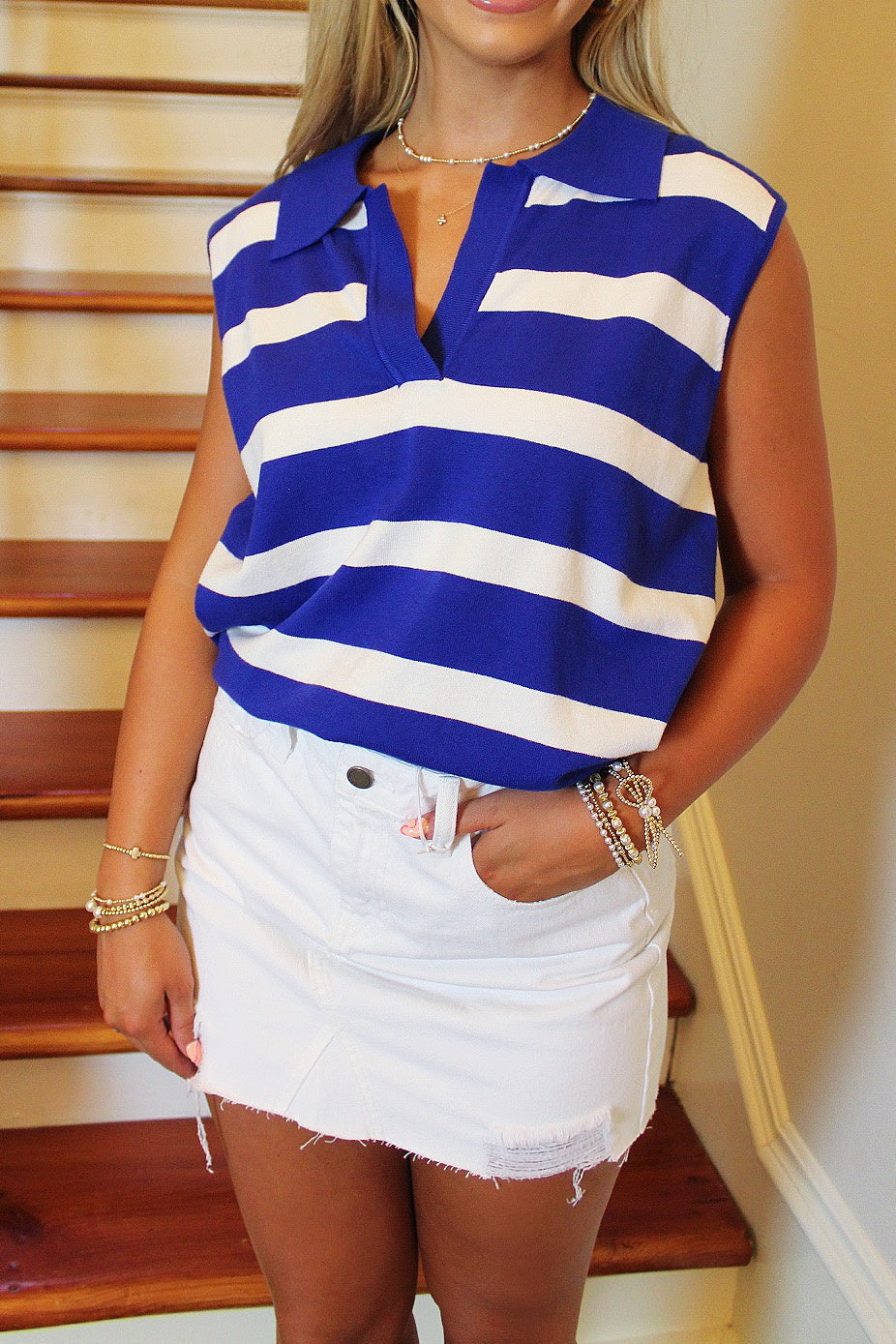 End Zone Striped Sleeveless Top Royal/White