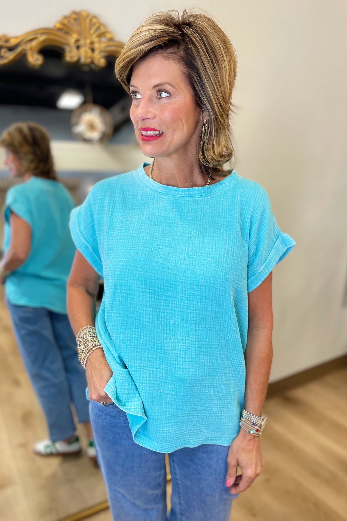 Going w Gauze Acid Washed Top Mint