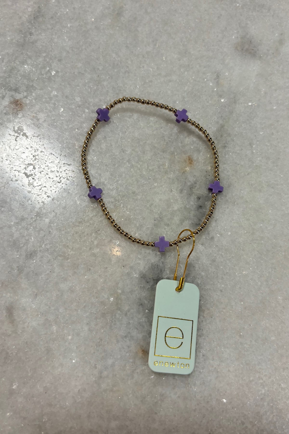 E Newton Signature Cross Small Gold Pattern 2mm Bead Bracelet Purple