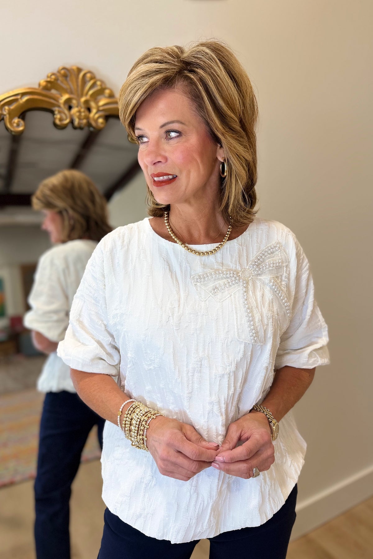 Joh Walynn Pearl Ribbon Bow Top White