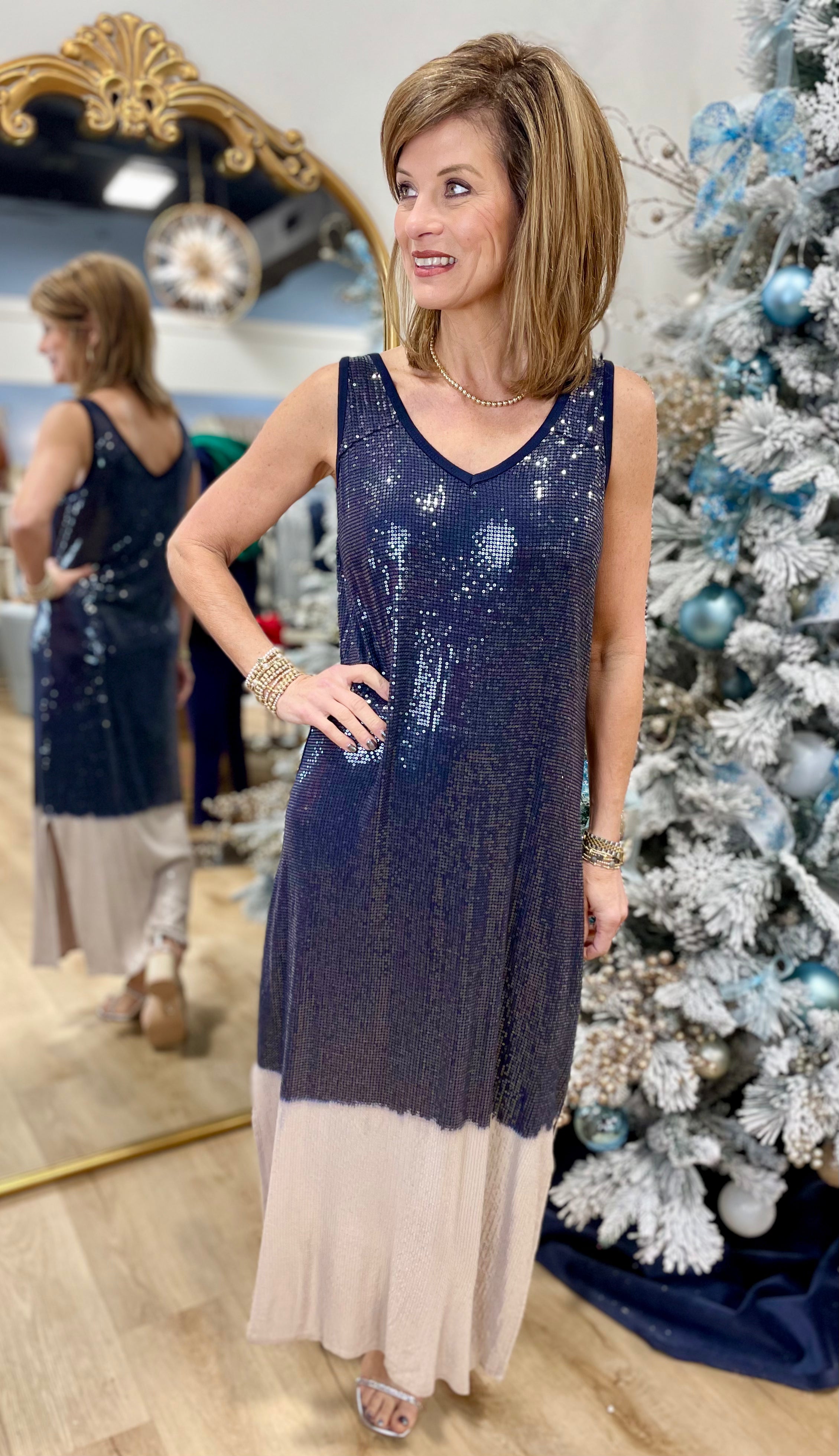 Tempo Paris Frosted Glam Sequin Tank Dress Navy