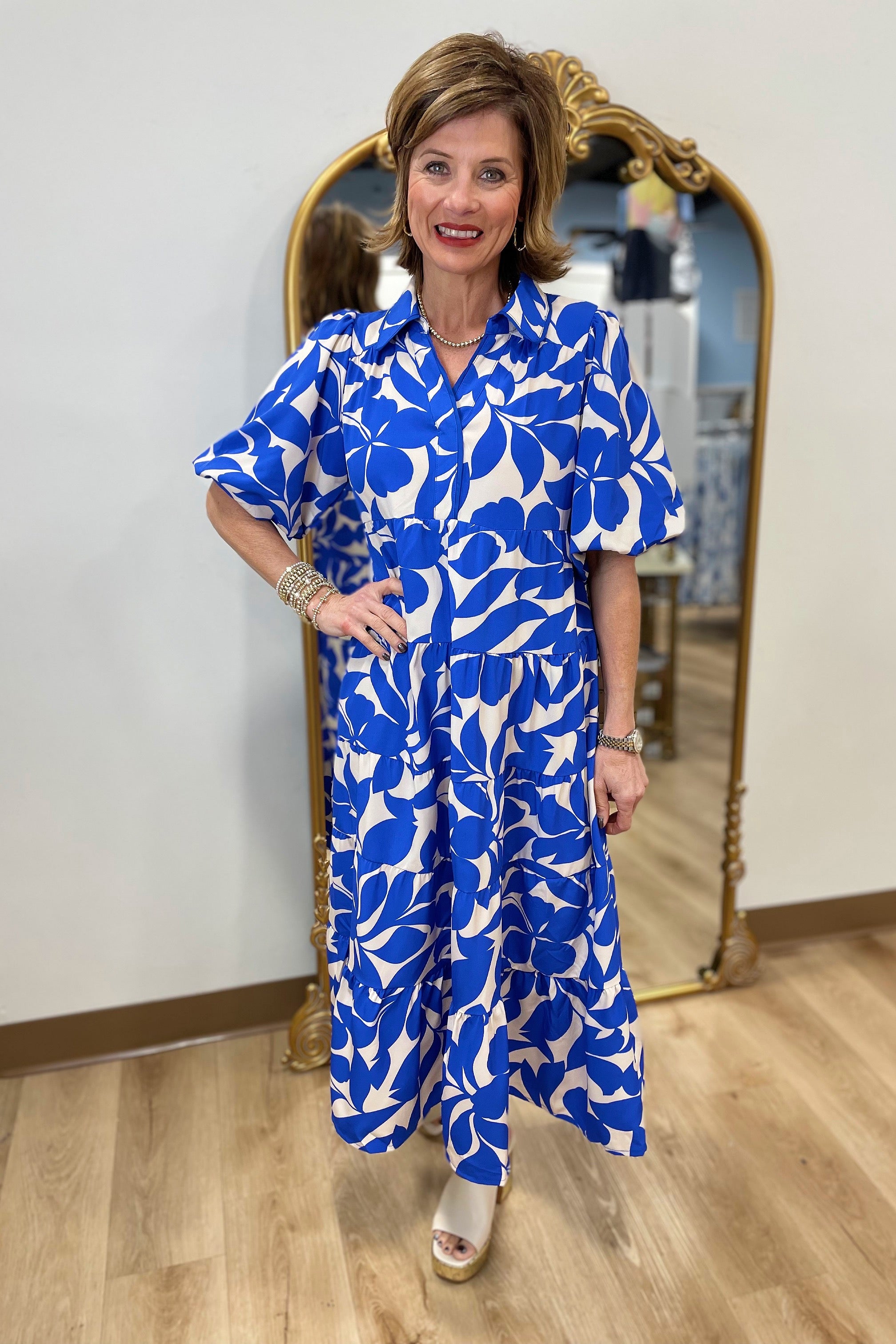 Umgee Tiered Printed Dress Blue