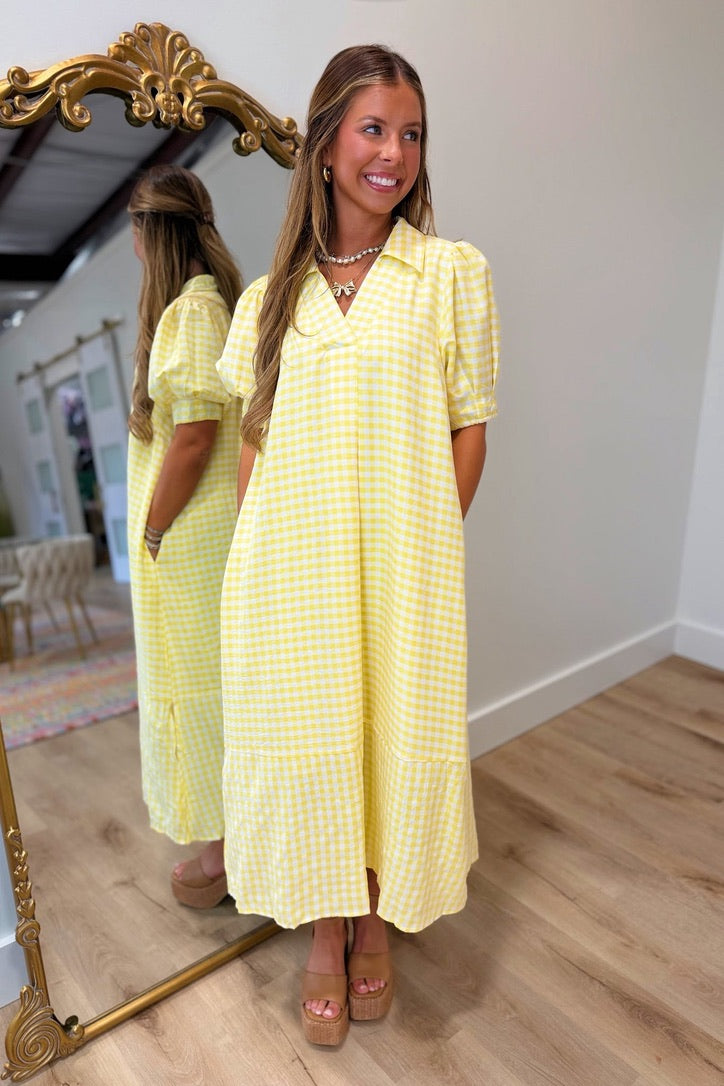 Umgee Gingham Gables Midi Dress Yellow