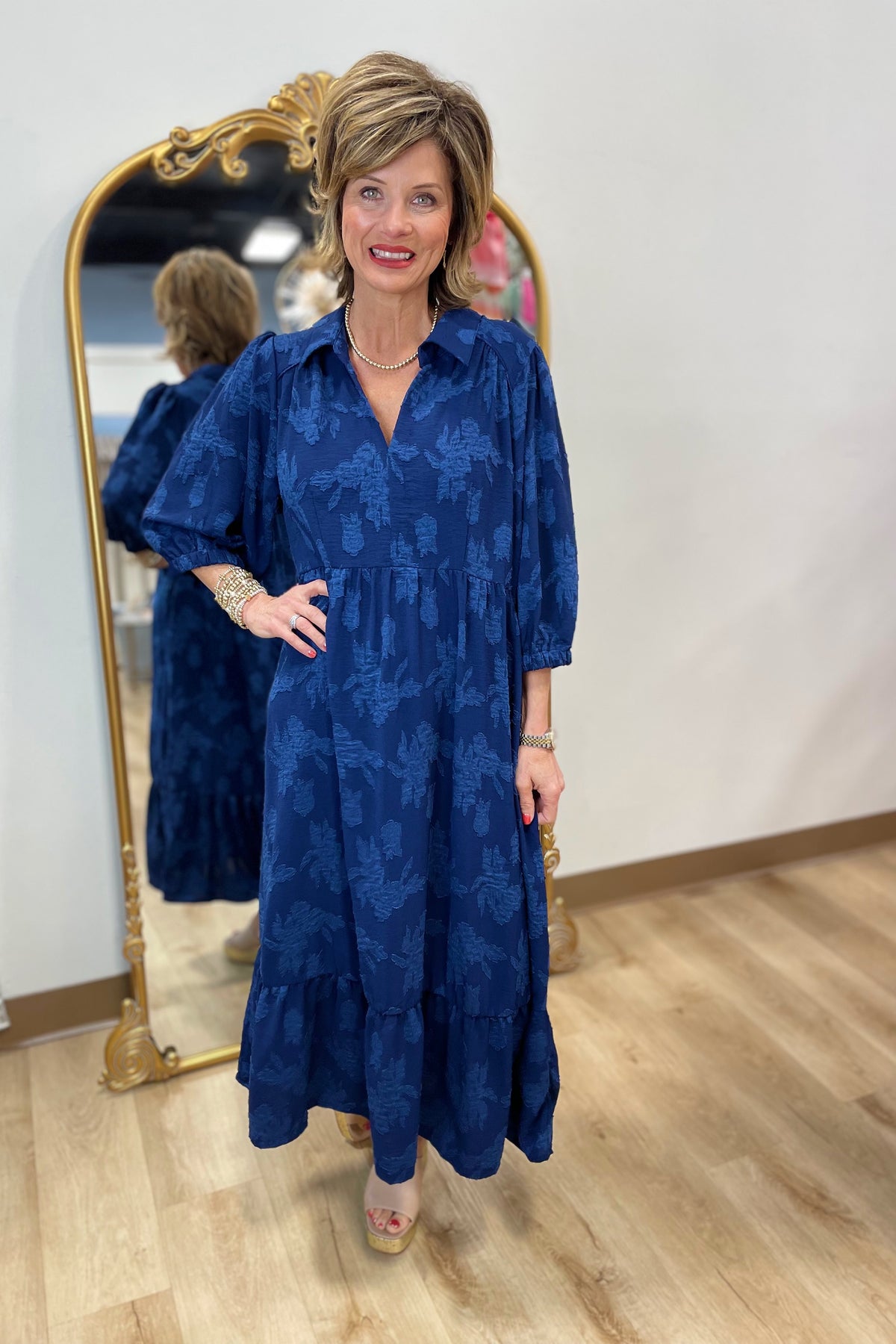Umgee Floral Burnout Midi Dress Navy