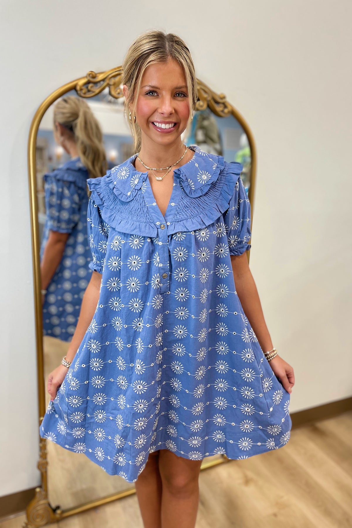 Umgee Embroidered Babydoll Dress Blue