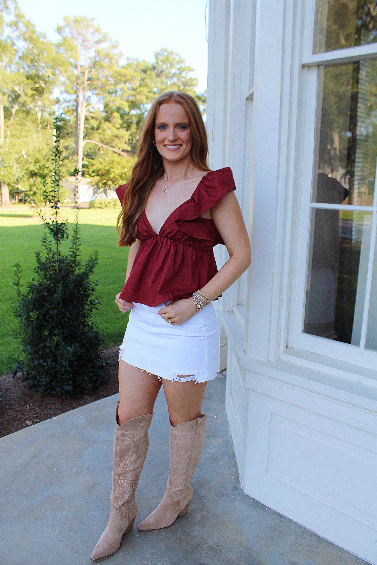 Ainsley Tie Back Babydoll Top Maroon