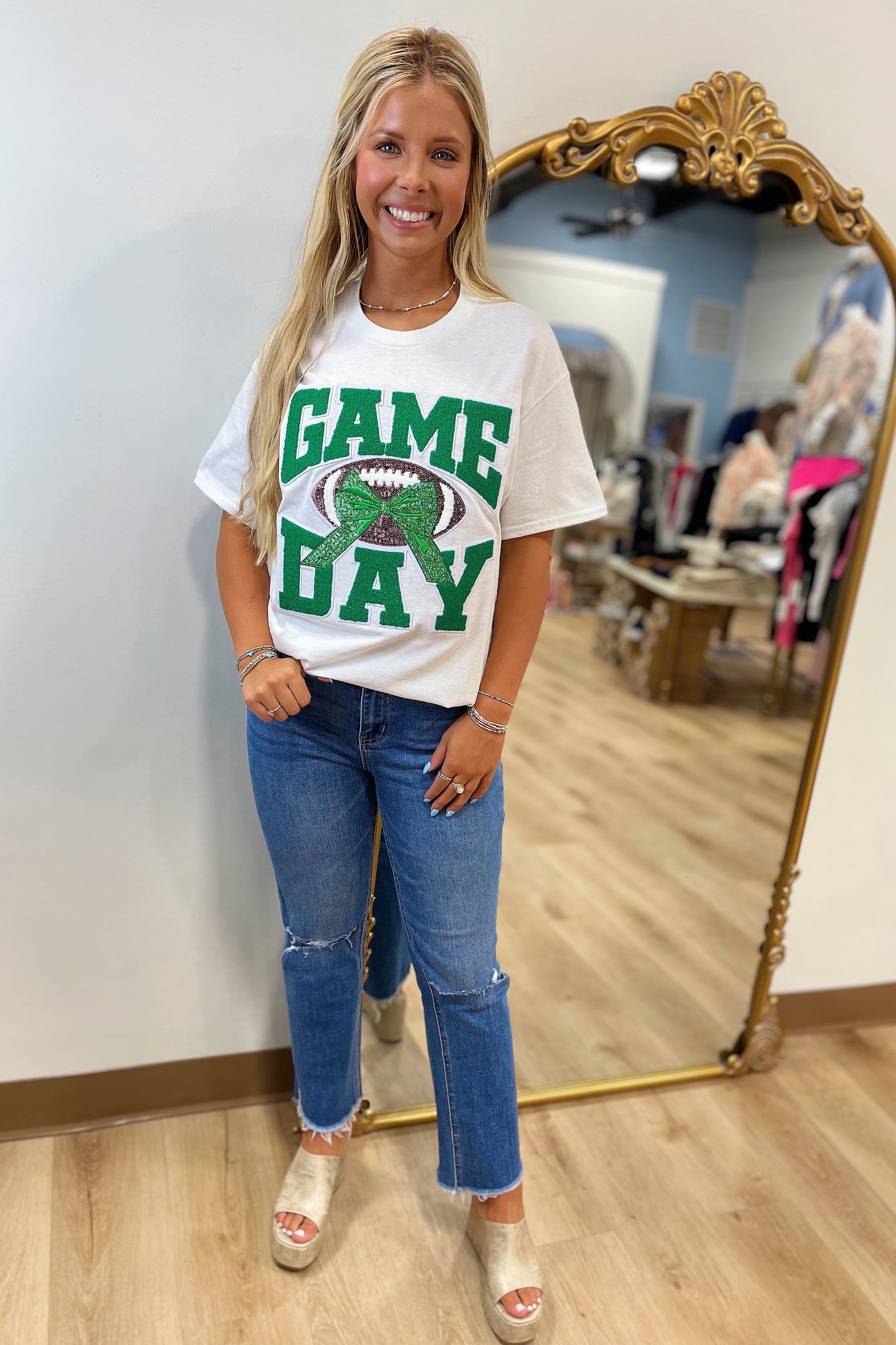 Bow Game Day Football Tee Green