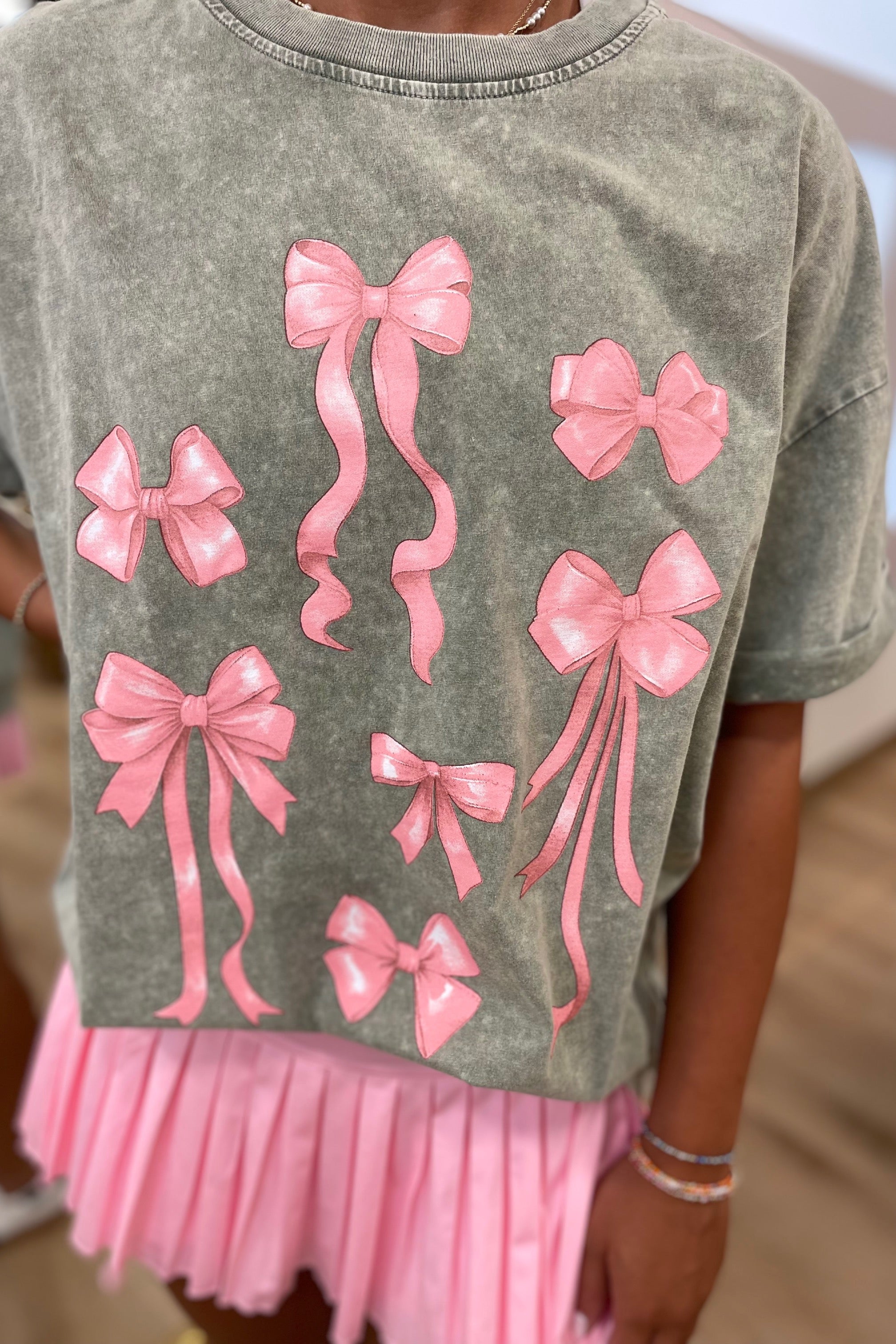 Coquette Bow Ribbons Pink Graphic Tee Green