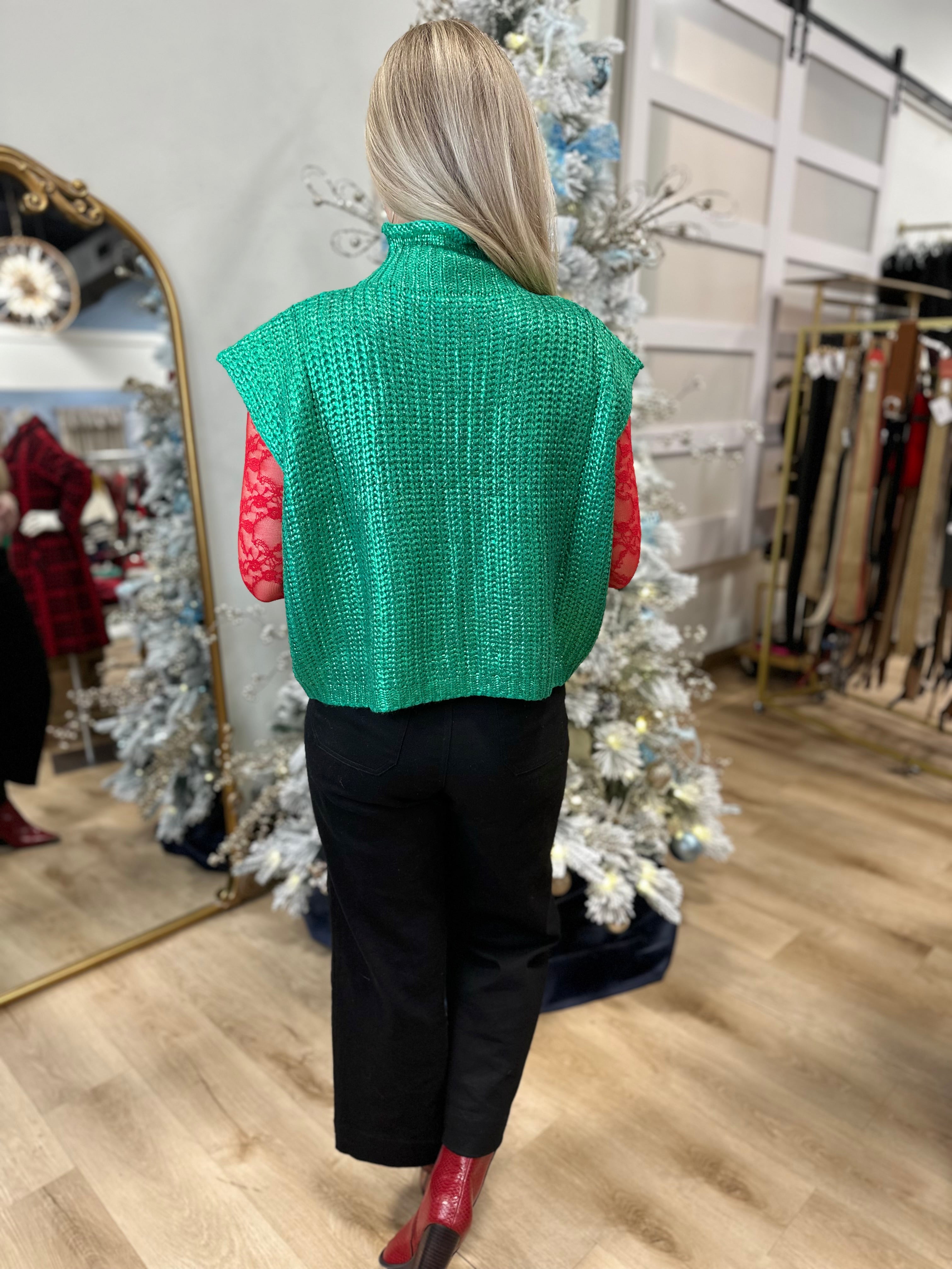 Sparkle Season Mock Neck Sweater Vest Top Metallic Green