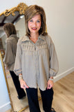 Umgee Raw Edge Trimmed Blouse Mocha