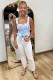Fiona Floral Jacquard Peplum Crop Top Blue