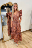 Rustic Charm Printed Midi Dress Rust