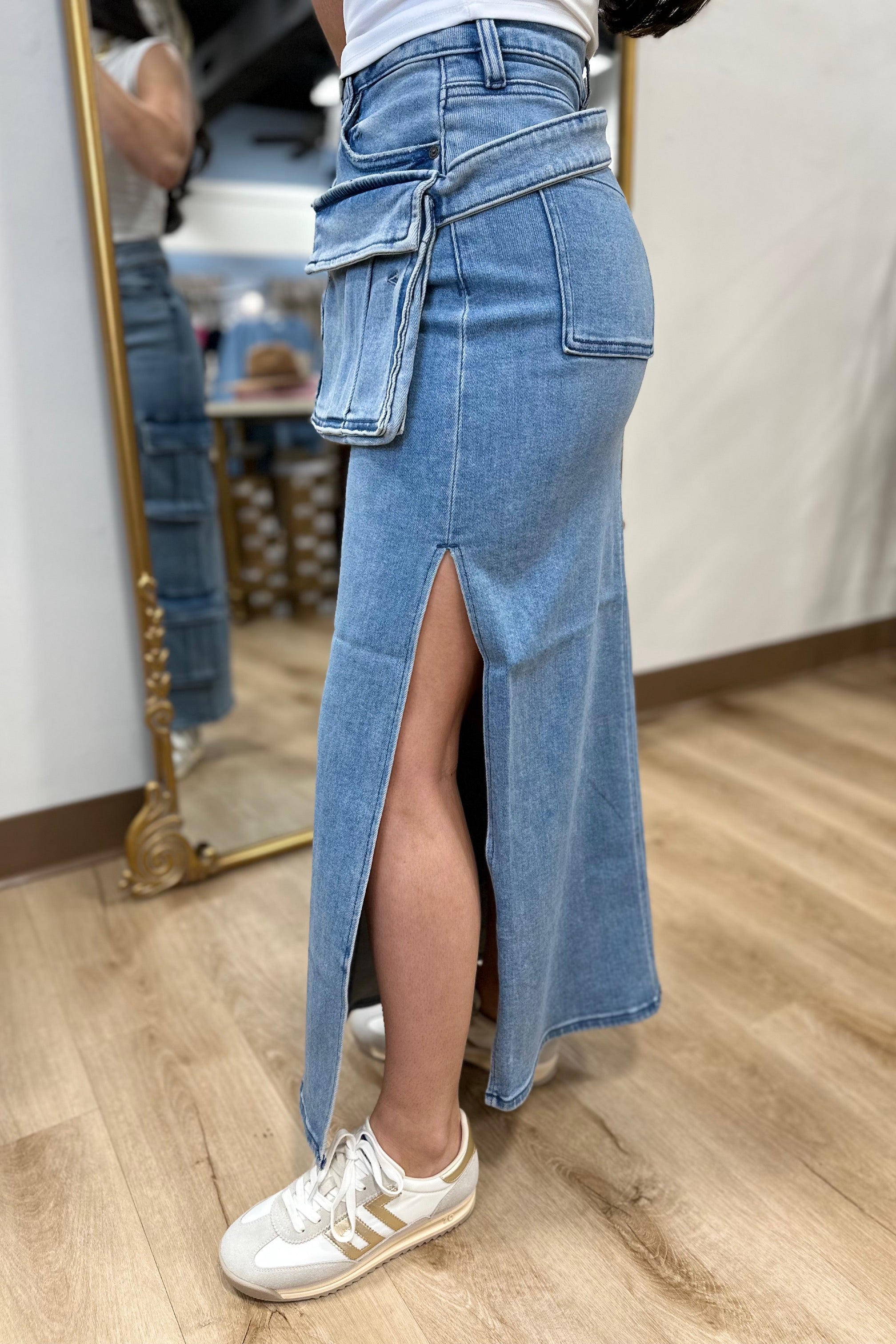Hidden Peyton Cargo Side Slit Skirt Light Blue