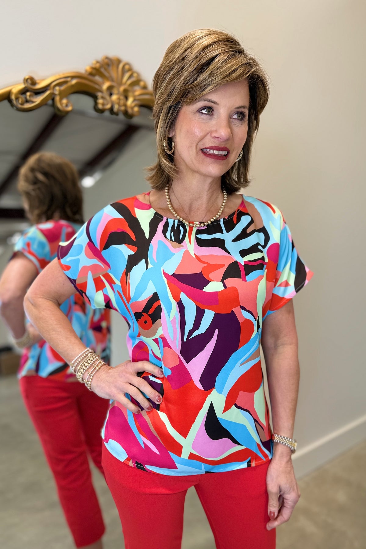 Renuar Cap Sleeve Printed Top Orange Mix