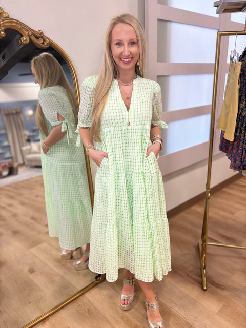 Gingham Tiered Midi Dress Lime