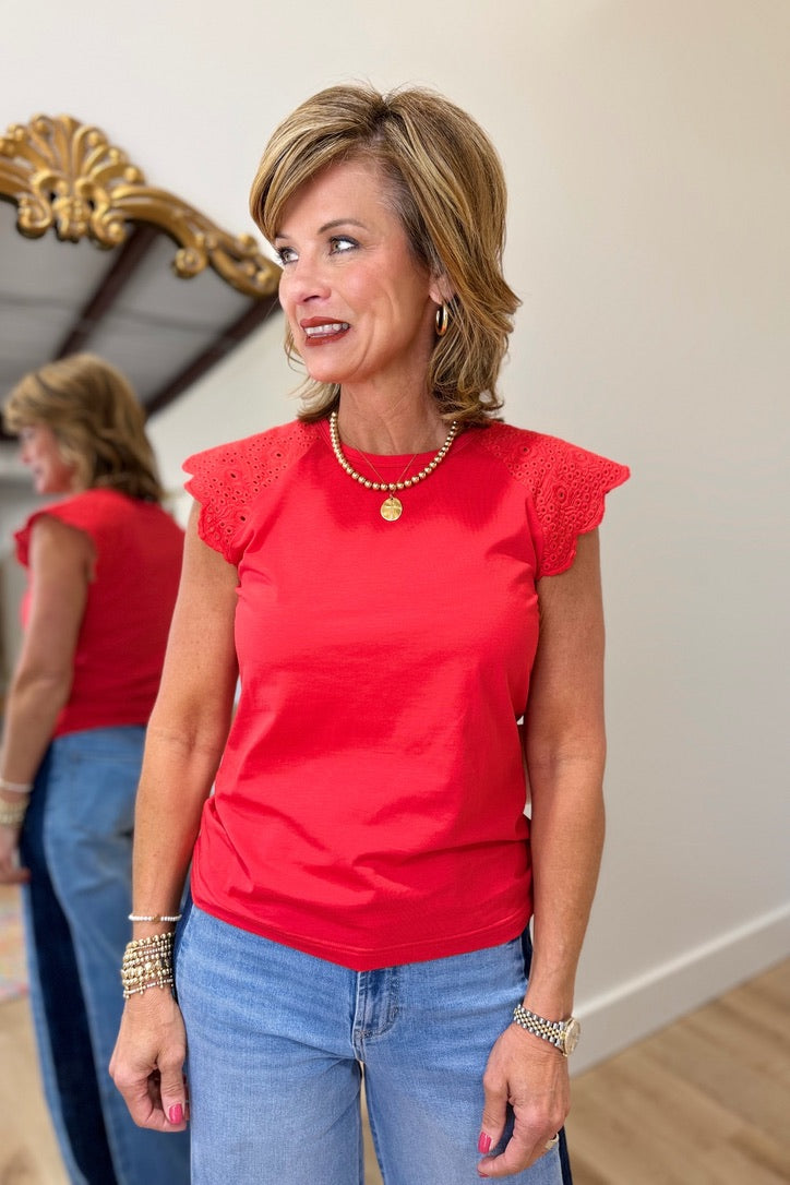 Another Love Eve Eyelet Cap Sleeve Top Red