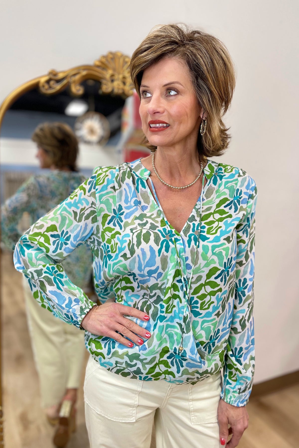 APNY V Neck Top w Tassel Green Multi