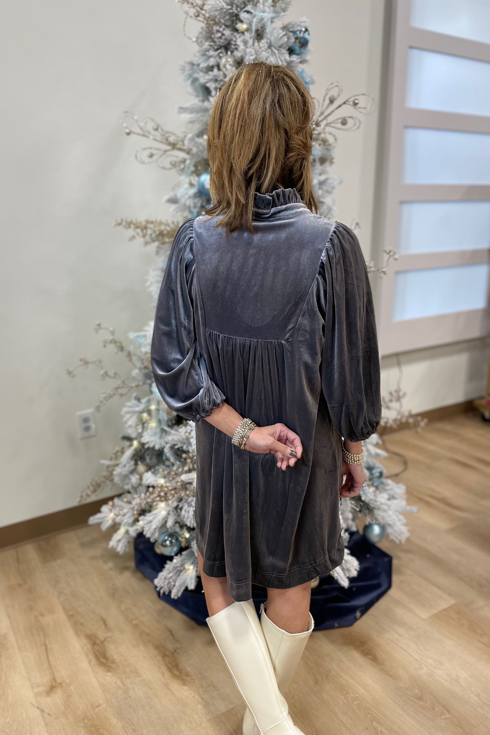 Umgee Velvet Jacquard Dress Gunmetal