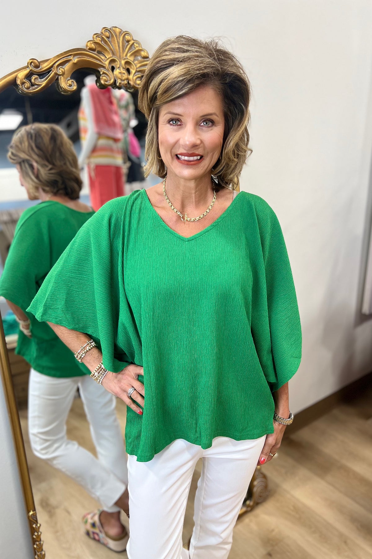 Kacy Kimono Sleeve V Neck Textured Top Kelly Green