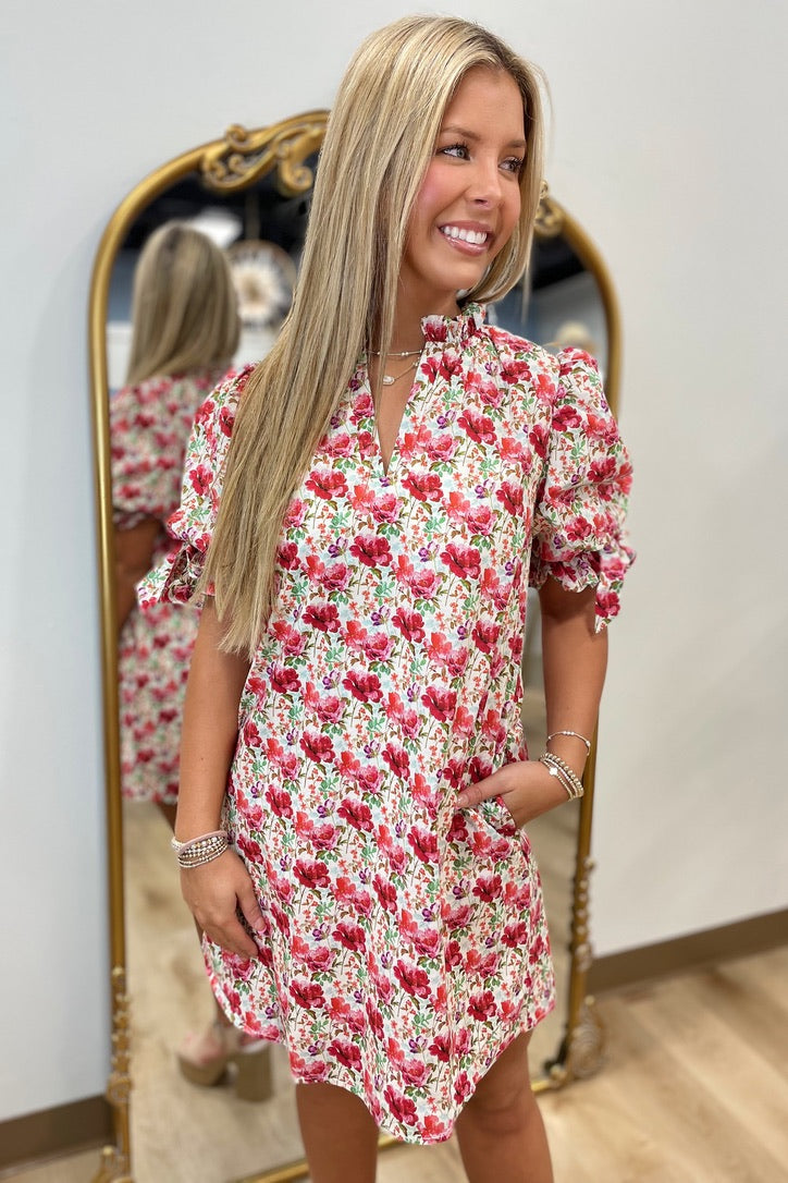 Berry Bloom Bubble Sleeve Dress Raspberry