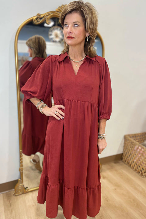 Umgee Solid Collared V-Neck Midi Dress Brick