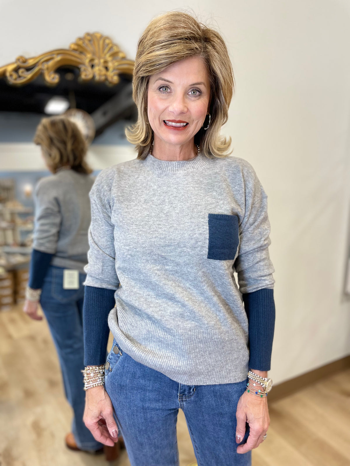 Charlie B Color Block Pocket Sweater H Grey