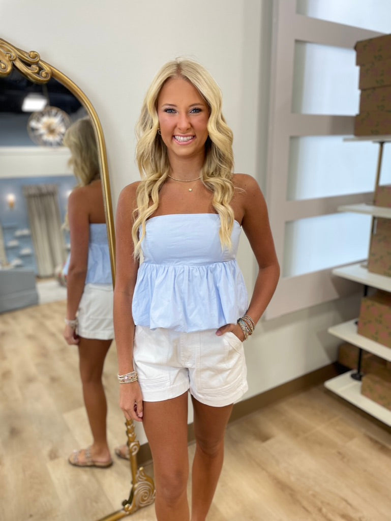 Cate Strapless Smocked Bubble Top Blue
