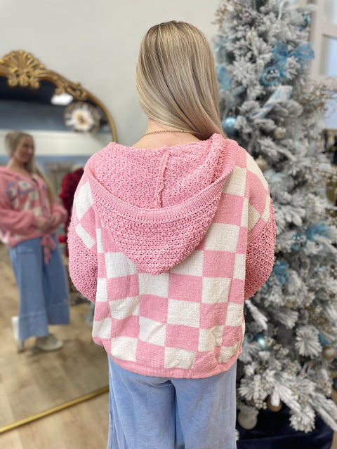 Granny Square Checker Sweater Cardigan Pink
