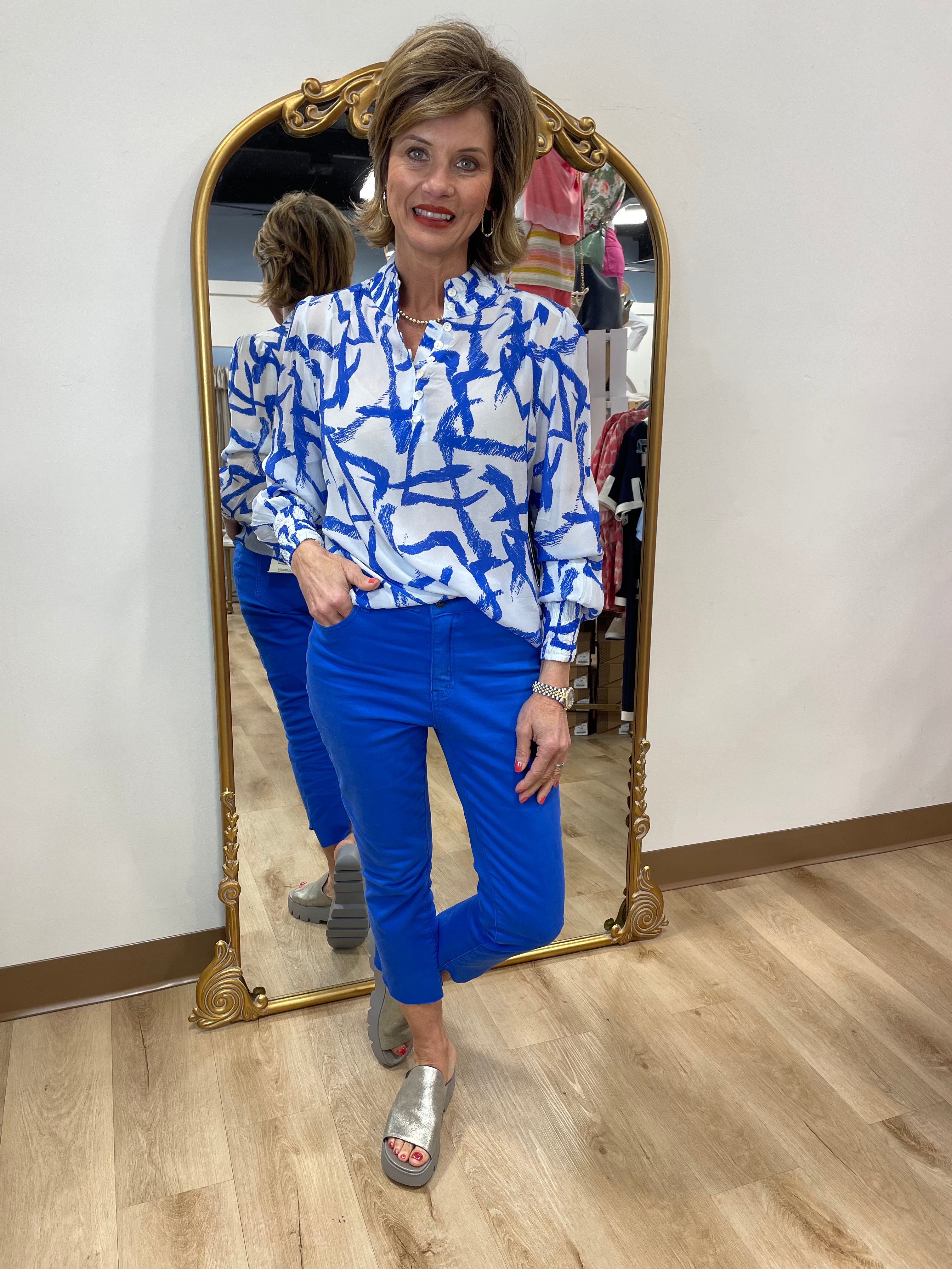 APNY Puff Sleeve Blouse Blue White