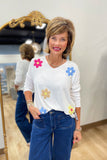 Charlie B V Neck Applique Top White
