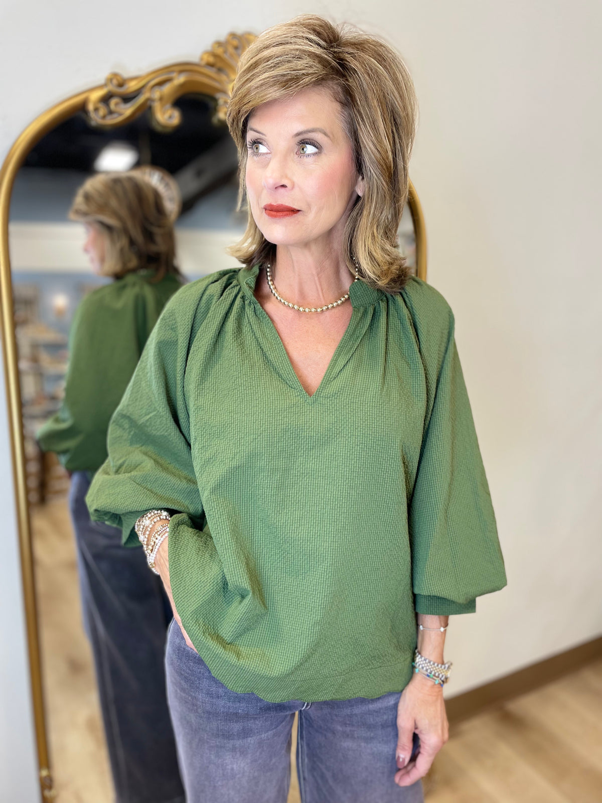 Umgee Scalloped 3/4 Sleeve Olive