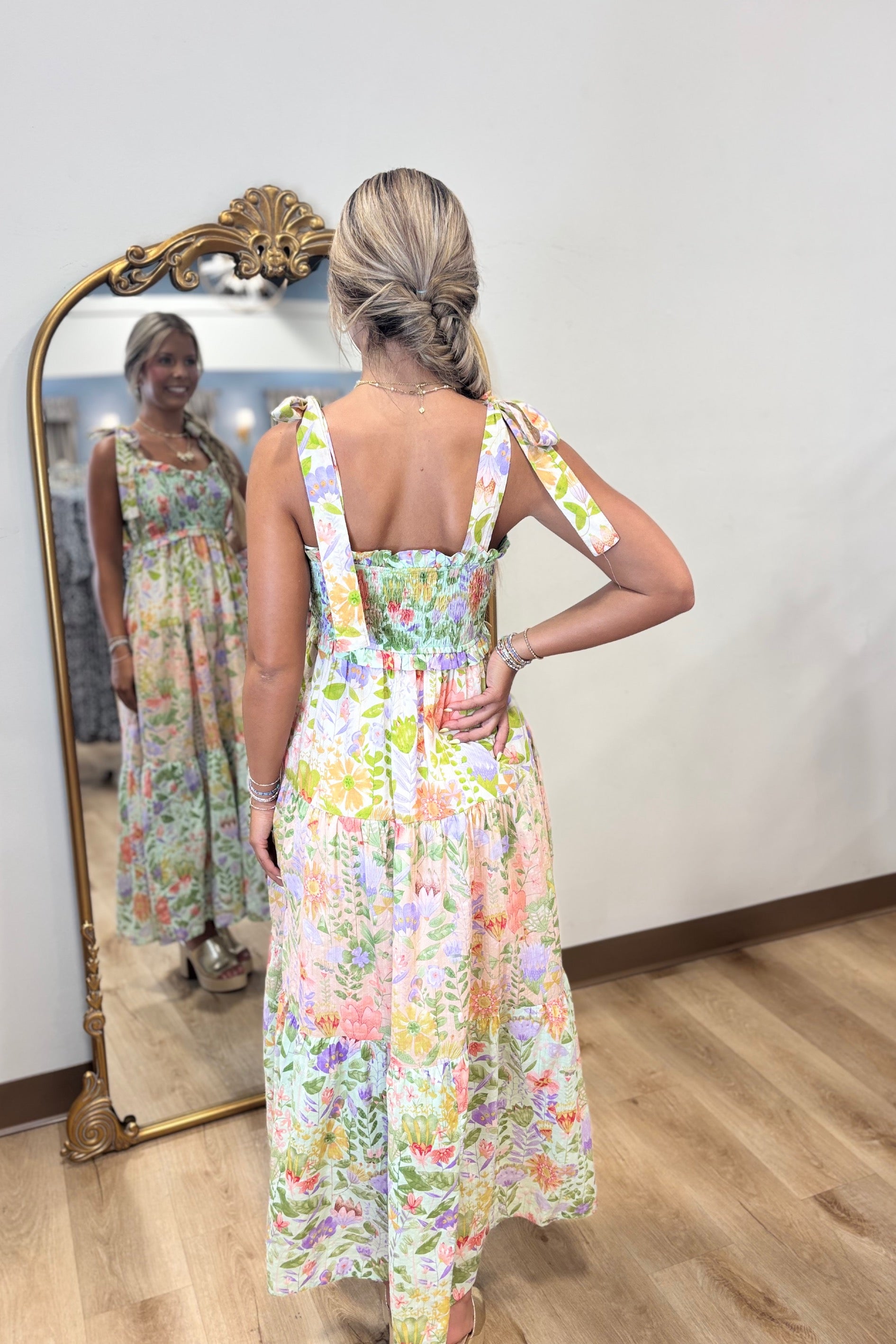 tie shoulder maxi dress Celine Floral Tie Strap Bustier Maxi Dress