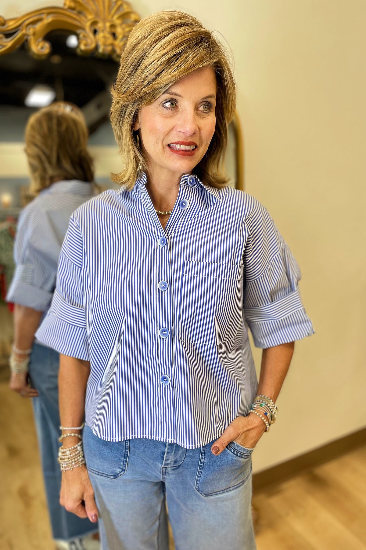 Renuar Striped Woven Blouse Blue