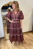 THML Tiered Print Dress Maroon