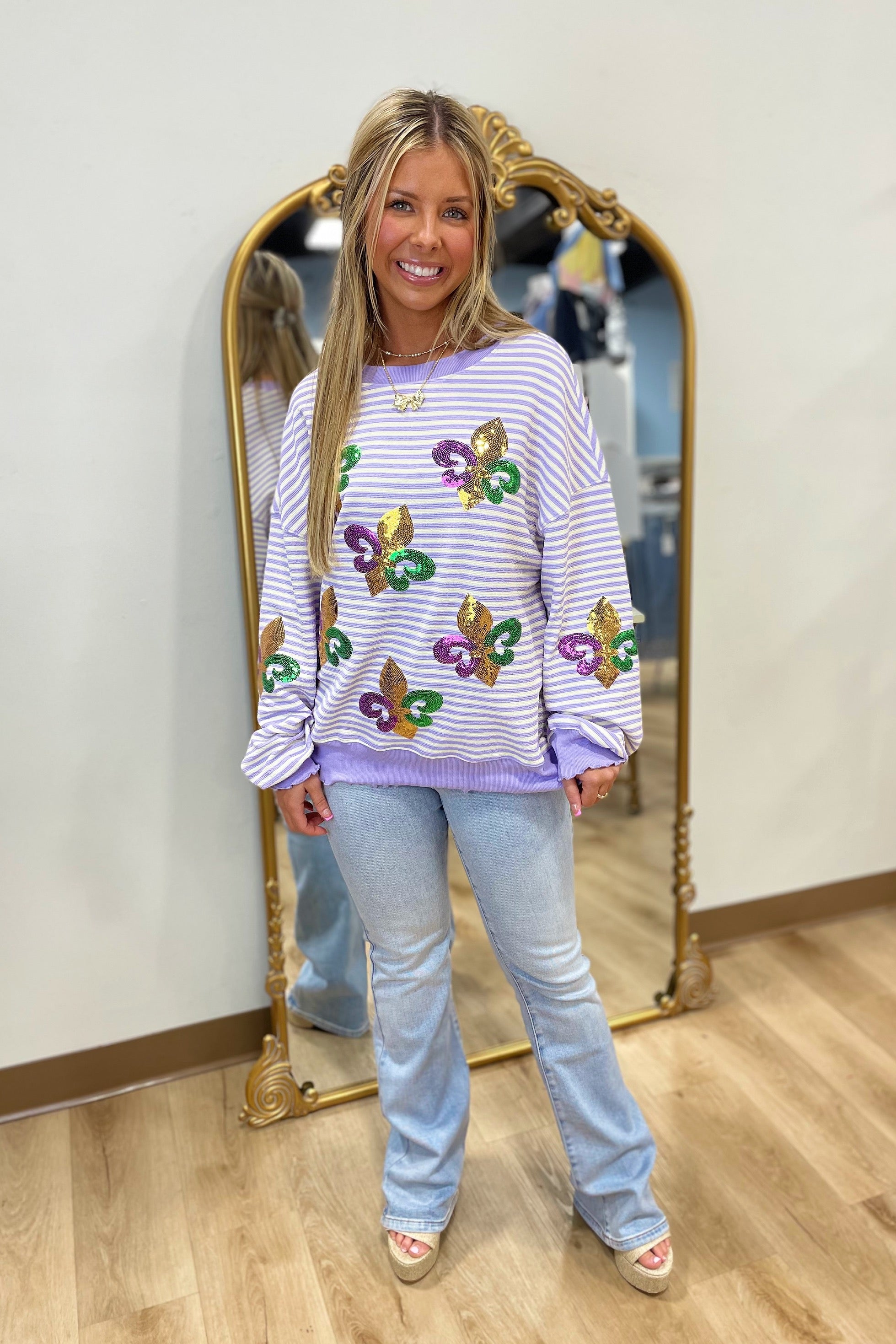 Sequin Mardi Gras Striped Sweatshirt
