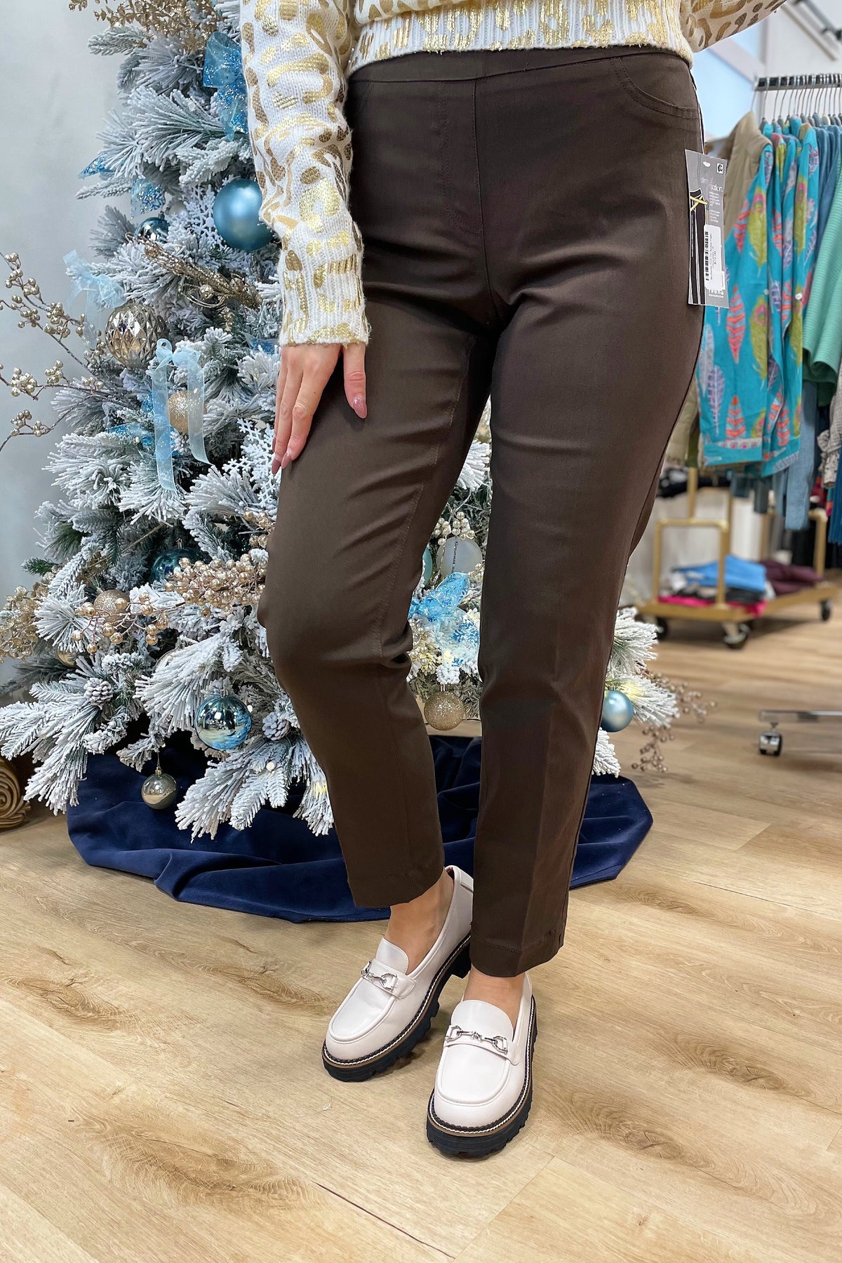 Multiples Textured Pull On Ankle Pant Chocolate