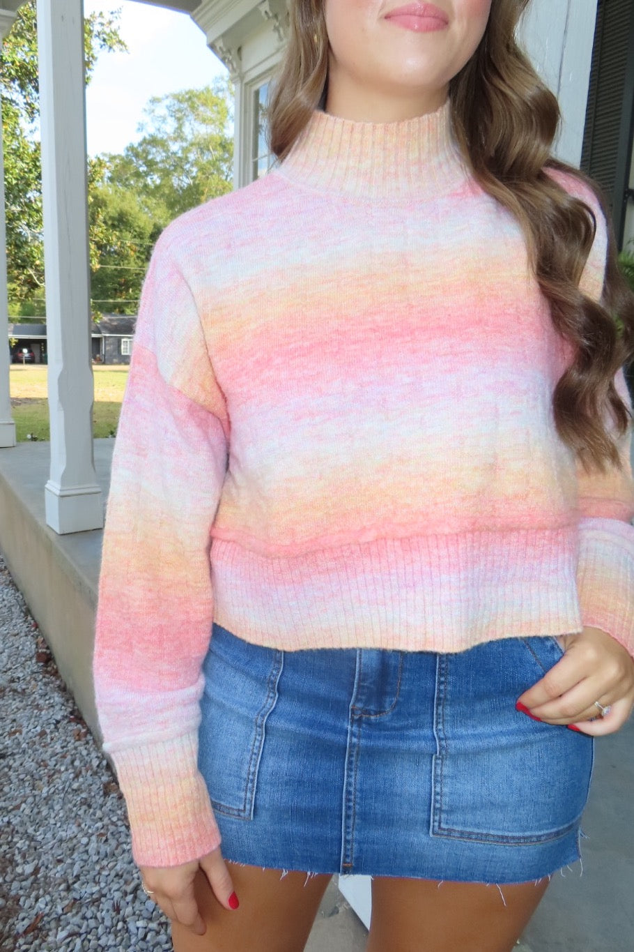 November Skies Rainbow Turtleneck Sweater Orange/Pink